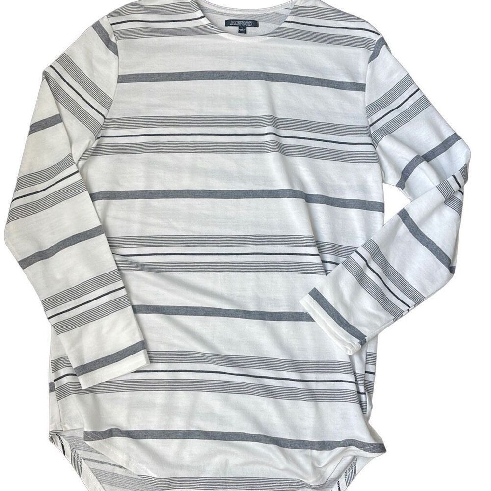 Elwood Striped Jersey Mens‎ Large White Grey Curved Hem Long Sleeve EMT022916